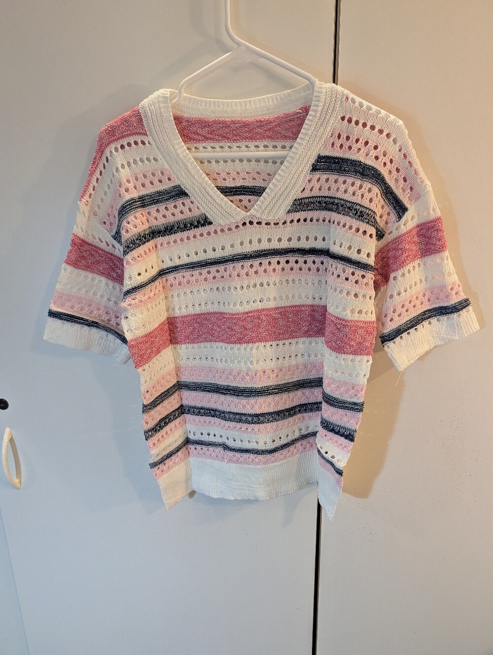 Acelitt Woman's S Open Knit V-Neck Striped Summer Sweater-White, Pink, Navy NWT